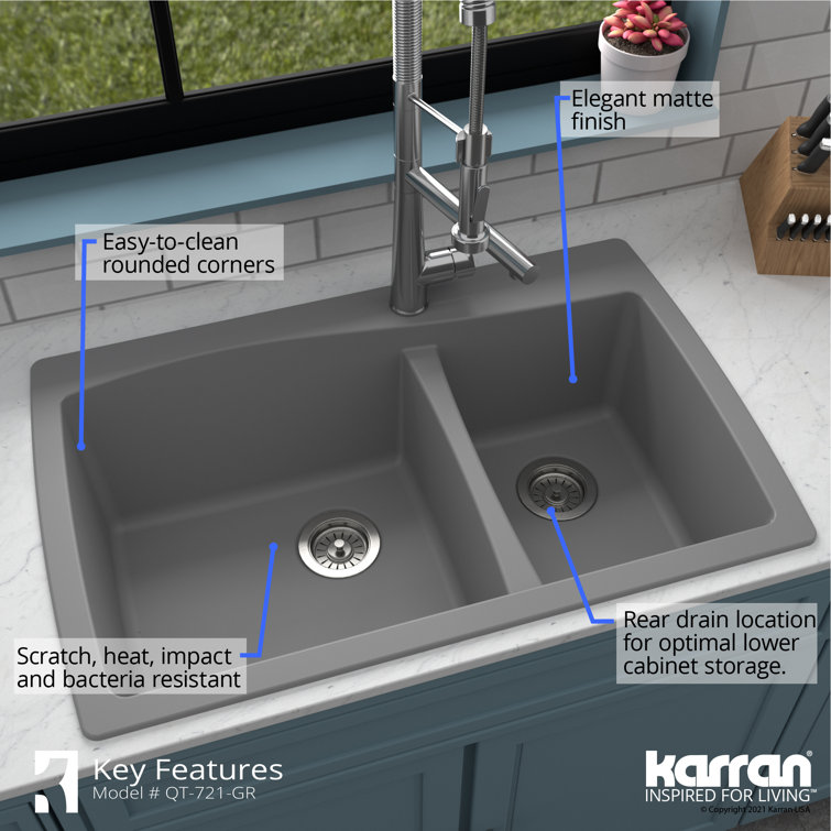 Gray Quartz Composite 34'' Double Bowl Kitchen Sink