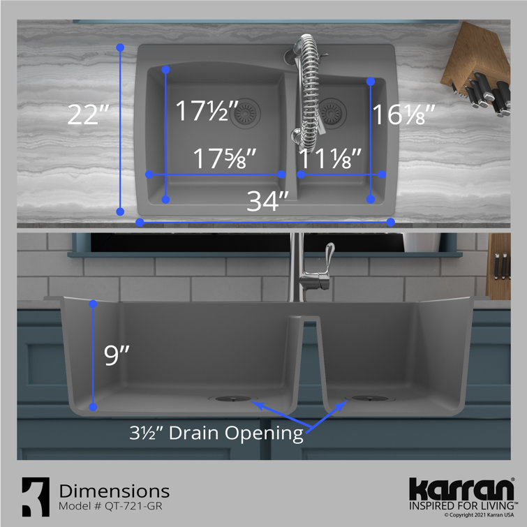 Gray Quartz Composite 34'' Double Bowl Kitchen Sink