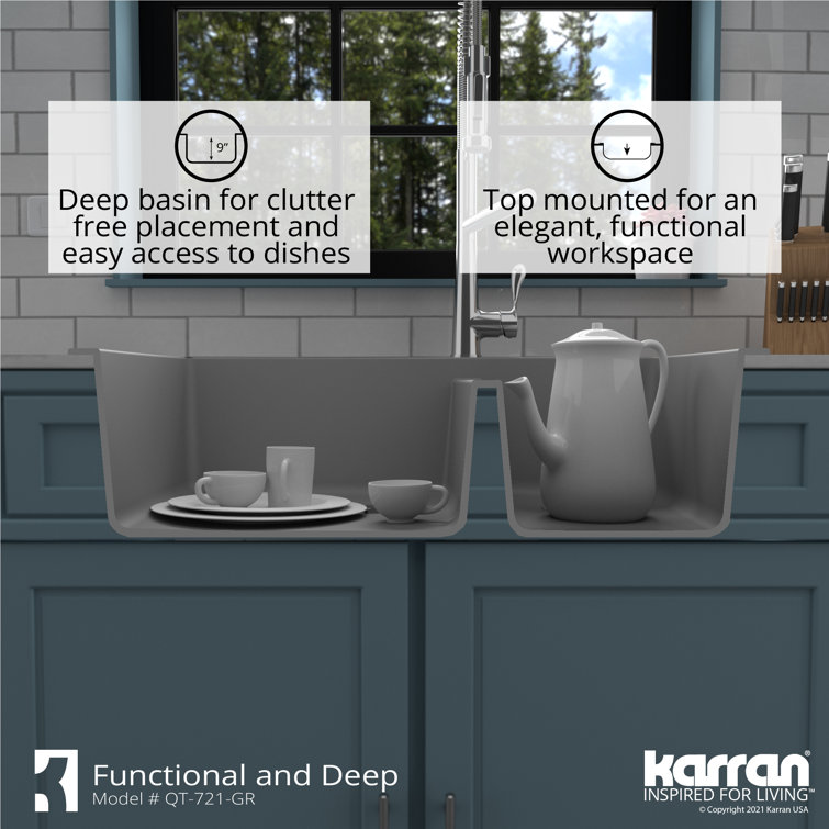 Gray Quartz Composite 34'' Double Bowl Kitchen Sink