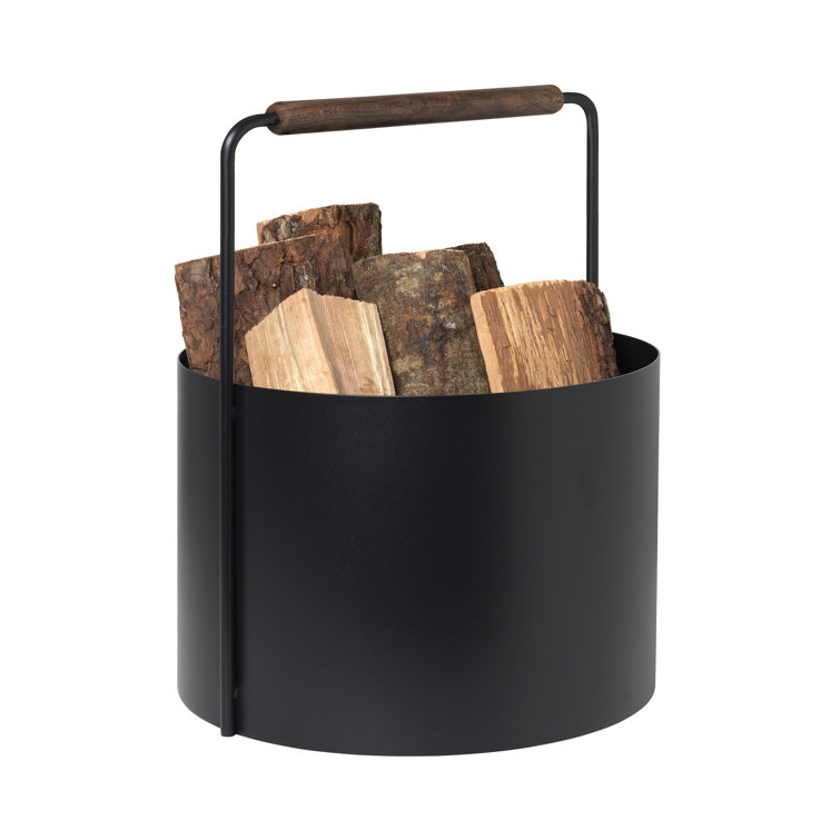 Ashi Brown Oak and Steel Firewood Basket with Handle