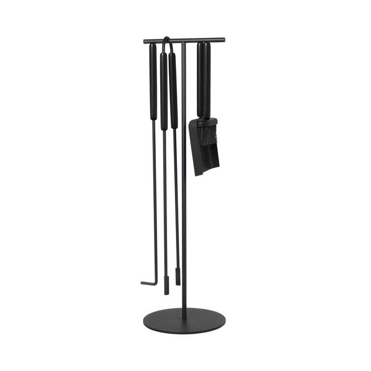 Ashi Black Powder Coated Steel Fireplace Tool Set with Oak Handles