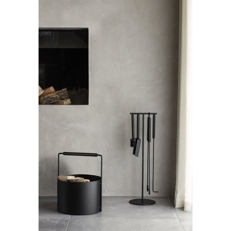 Ashi Black Powder Coated Steel Fireplace Tool Set with Oak Handles