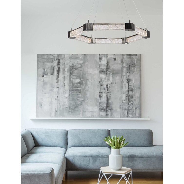 Axis Hexagonal Matte Black LED Chandelier with Artisan Glass