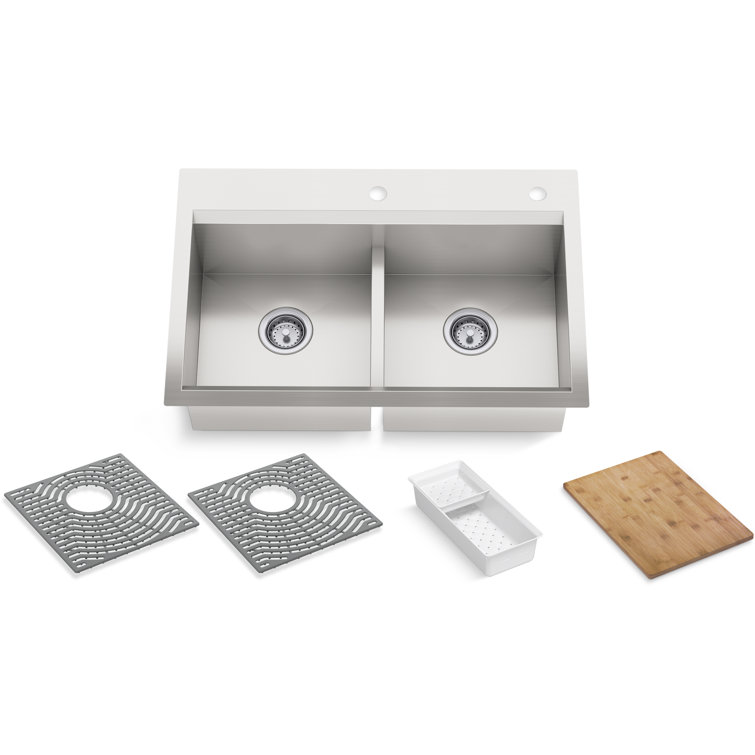 Stainless Steel Double Bowl Drop-in Workstation Kitchen Sink with Bamboo Cutting Board