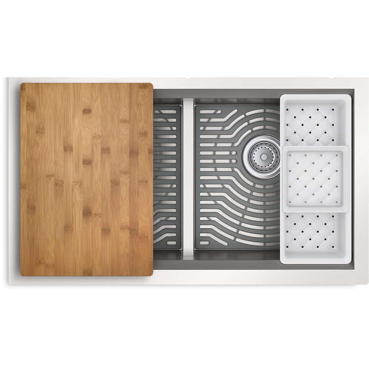 Stainless Steel Double Bowl Drop-in Workstation Kitchen Sink with Bamboo Cutting Board
