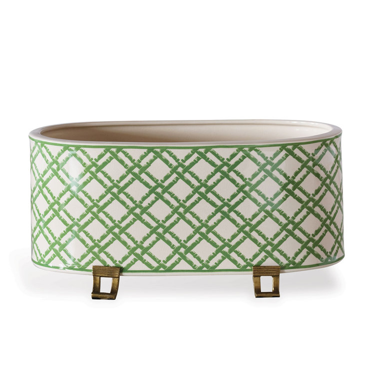 Meadow Green and Cream Porcelain Oval Planter with Brass Feet