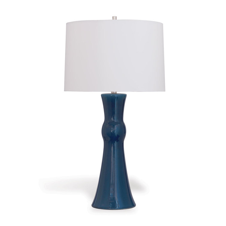 Navy Blue Porcelain Table Lamp with Off-White Drum Shade