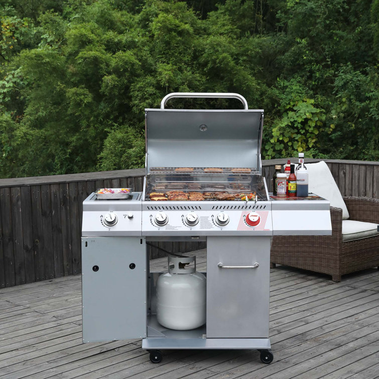 Stainless Steel 4-Burner Propane Gas Grill with Side Burner