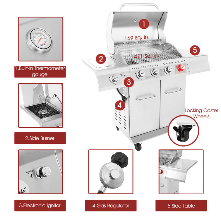 Stainless Steel 4-Burner Propane Gas Grill with Side Burner