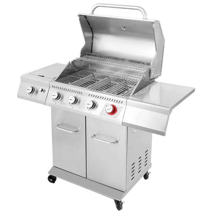 Stainless Steel 4-Burner Propane Gas Grill with Side Burner