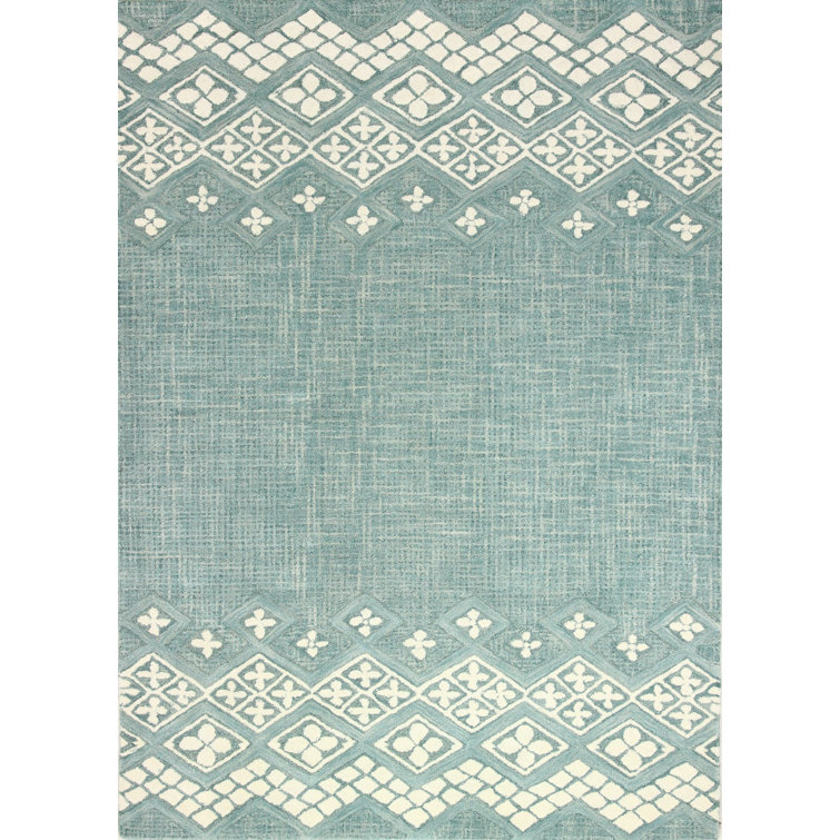 Teal and White Geometric Wool 5' x 7' Rug