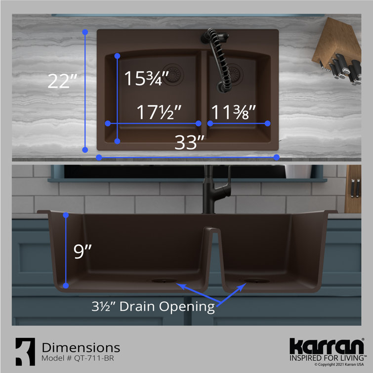 Brown Quartz Double Bowl Kitchen Sink with Rear Drain