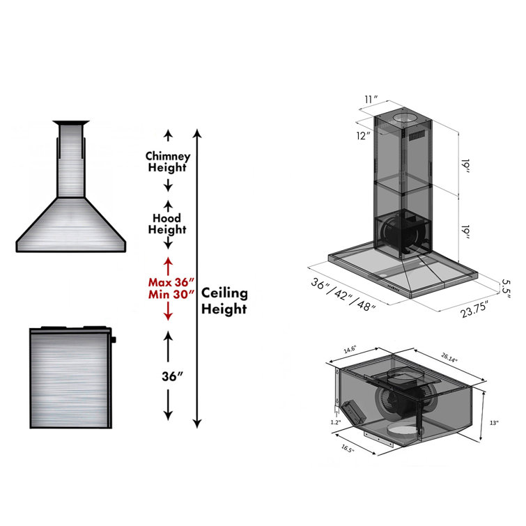 42'' Stainless Steel Convertible Island Range Hood with Charcoal Filter
