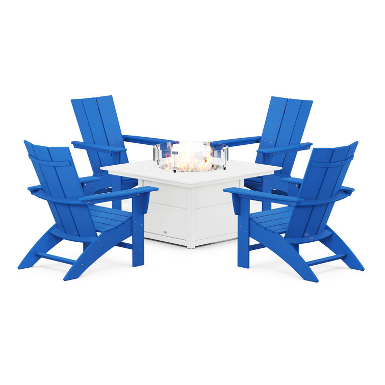 Pacific Blue and White 5-Piece Adirondack Set with Fire Pit Table