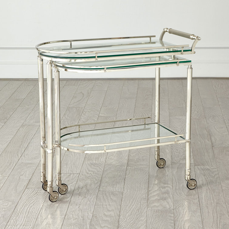 Elegant Curved Glass & Nickel Gallery Bar Cart with Wine Rack