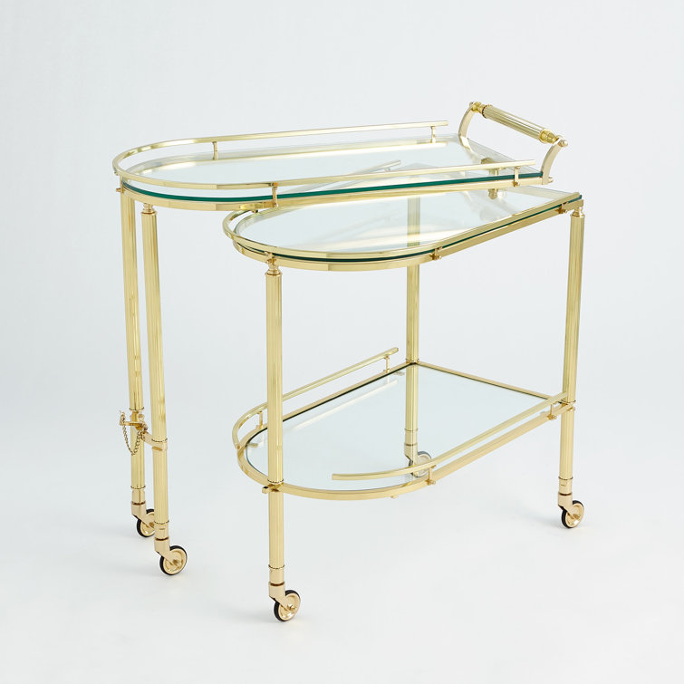 Shiny Brass and Glass Folding Bar Cart with Storage