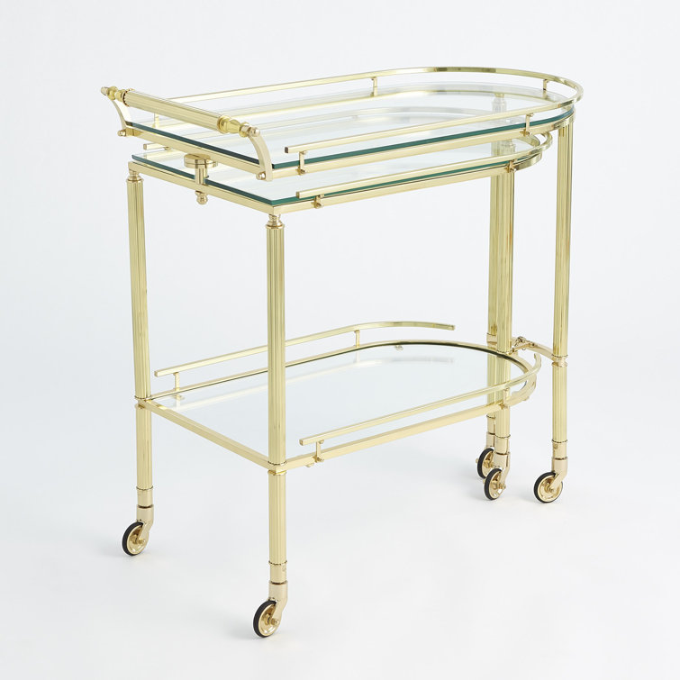 Shiny Brass and Glass Folding Bar Cart with Storage
