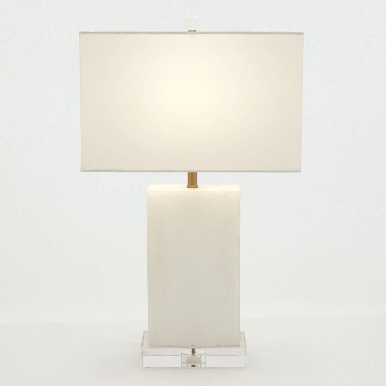 Alabaster Cube Table Lamp with Linen Shade and Brass Details