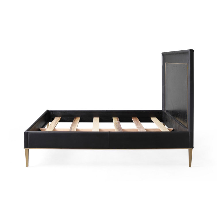 Ellipse Queen Bed with Black Leather Upholstery and Oak Accents