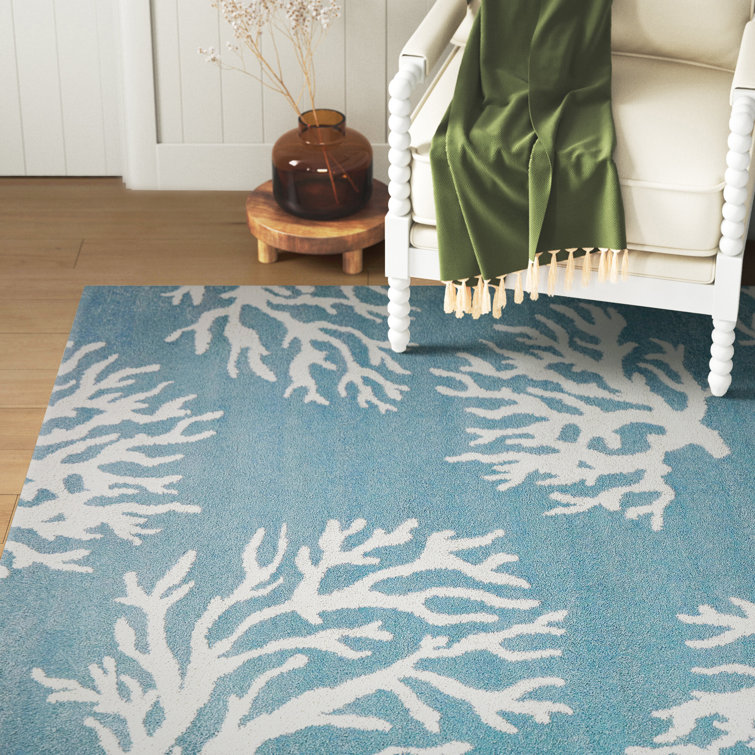 Light Blue Coastal Coral Print Synthetic Rug - 5' x 7'