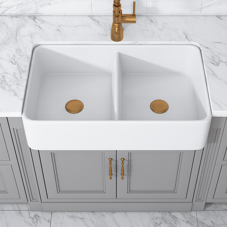 Trieste 32'' White Fireclay Double Bowl Farmhouse Sink