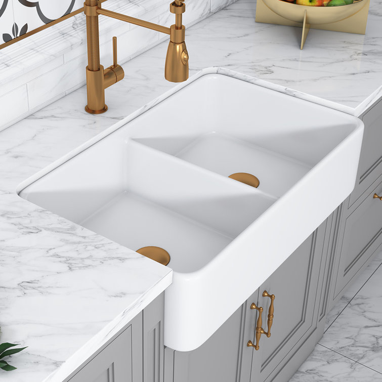 Trieste 32'' White Fireclay Double Bowl Farmhouse Sink