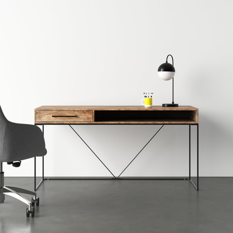 Industrial-Scandinavian Solid Mango Wood Home Office Desk with Iron Base