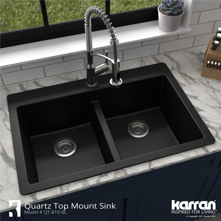 Black Quartz Double Bowl Top Mount Kitchen Sink
