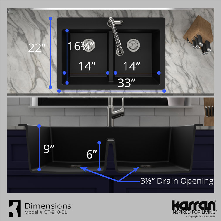 Black Quartz Double Bowl Top Mount Kitchen Sink
