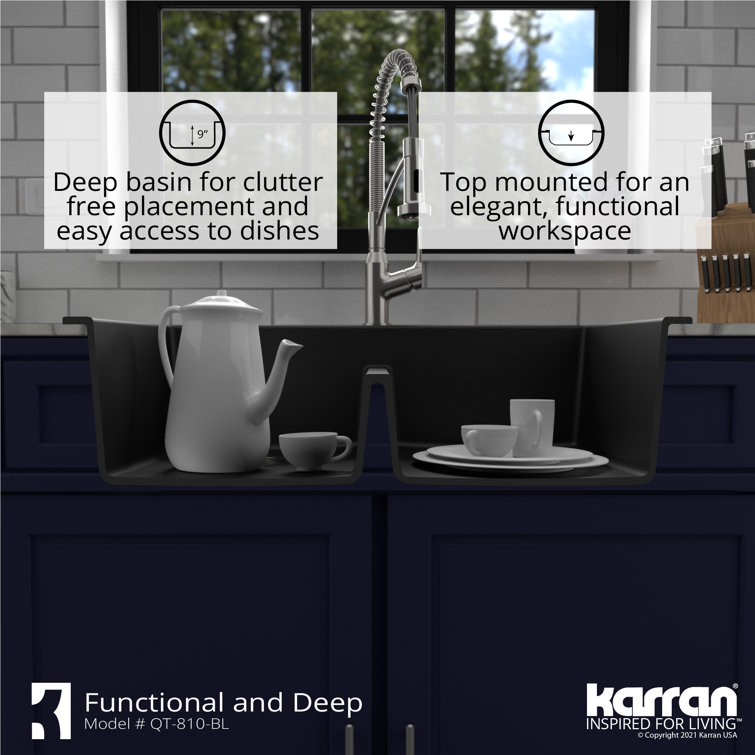 Black Quartz Double Bowl Top Mount Kitchen Sink