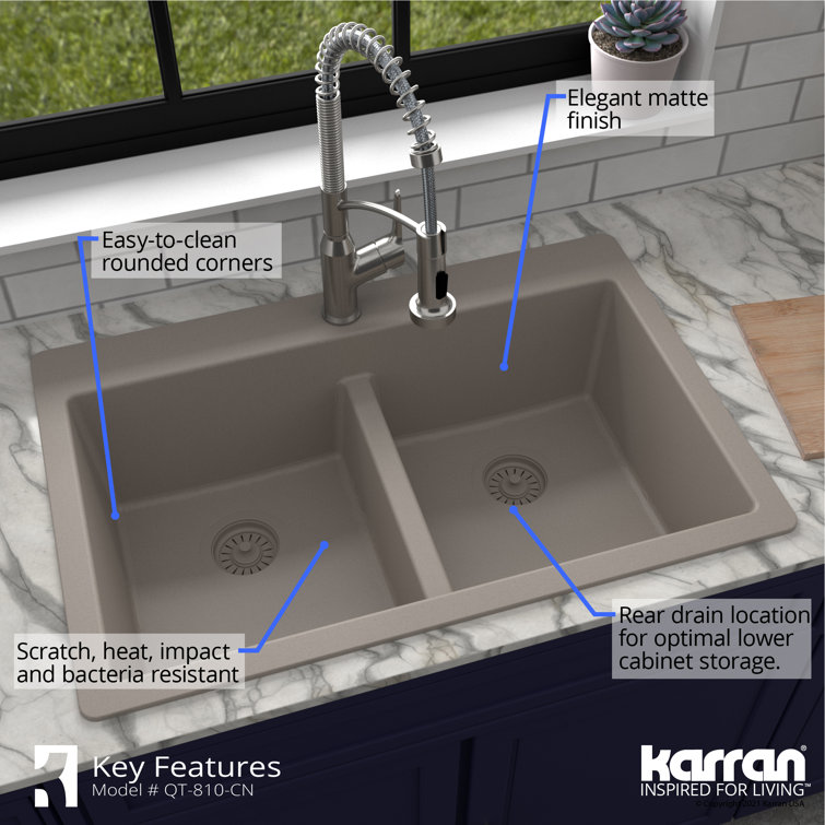 Concrete Quartz 33'' Double Bowl Farmhouse Kitchen Sink