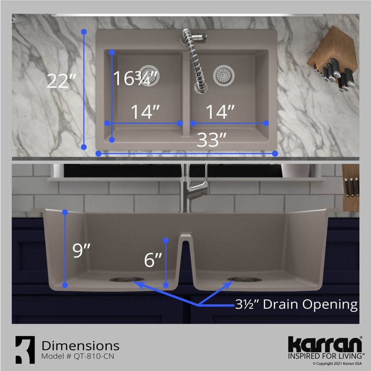 Concrete Quartz 33'' Double Bowl Farmhouse Kitchen Sink