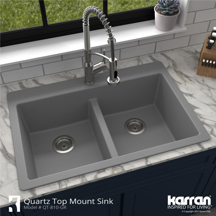 Gray Quartz 33'' Double Bowl Drop-In Kitchen Sink