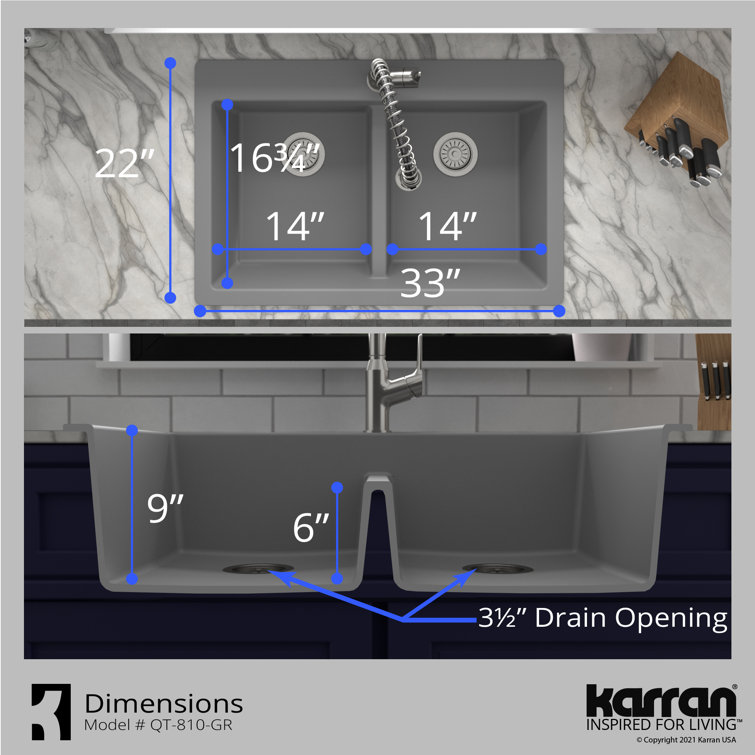 Gray Quartz 33'' Double Bowl Drop-In Kitchen Sink