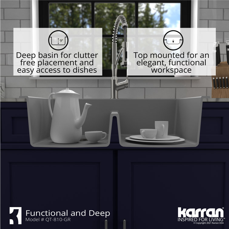 Gray Quartz 33'' Double Bowl Drop-In Kitchen Sink