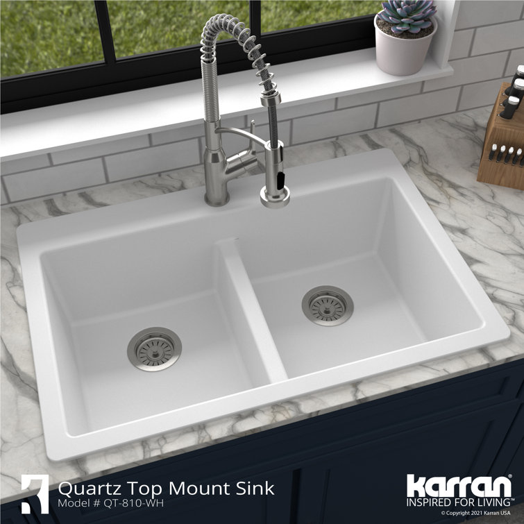 White Quartz 33'' Double Bowl Drop-In Kitchen Sink