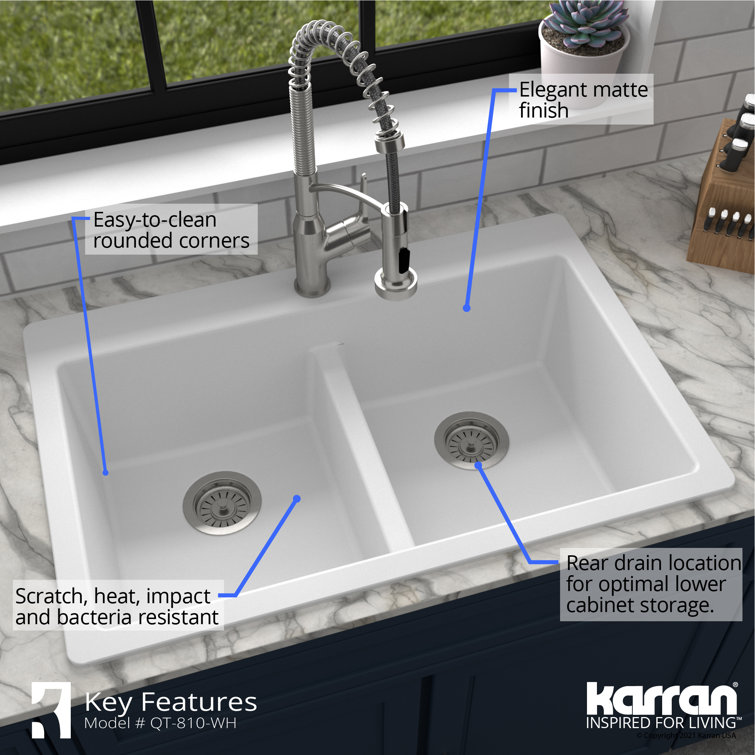 White Quartz 33'' Double Bowl Drop-In Kitchen Sink