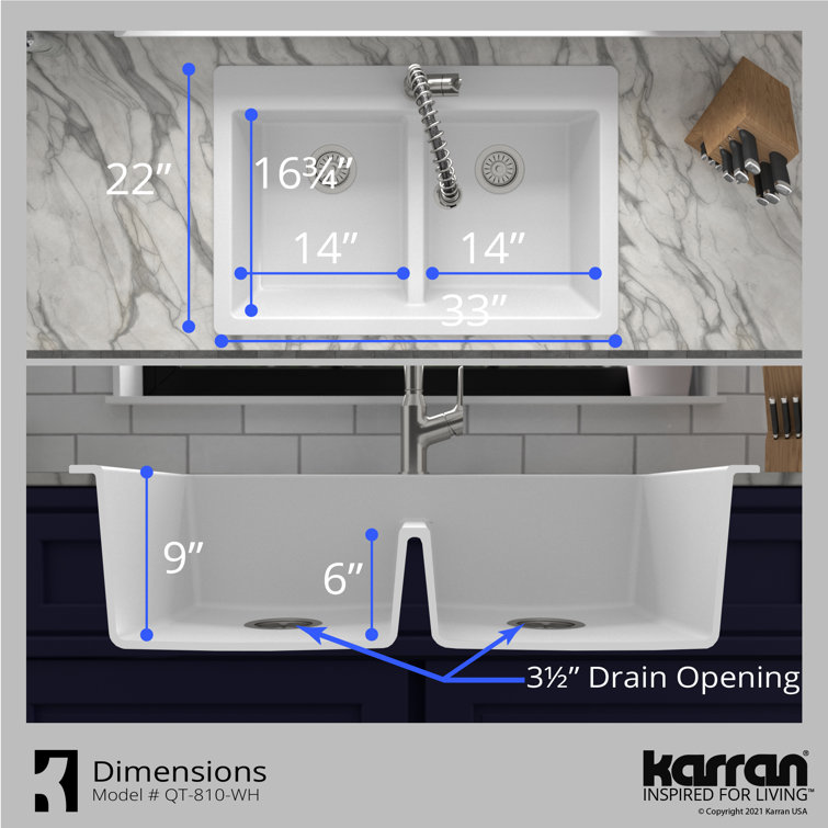White Quartz 33'' Double Bowl Drop-In Kitchen Sink