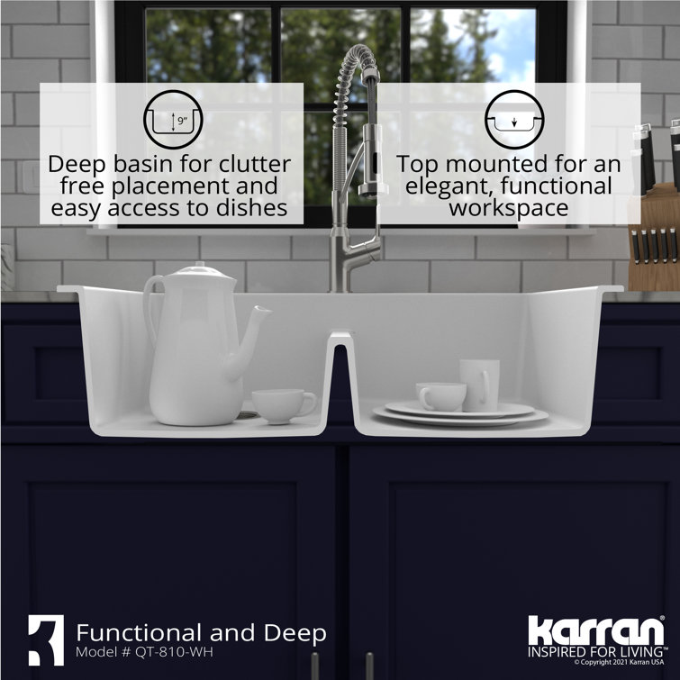 White Quartz 33'' Double Bowl Drop-In Kitchen Sink
