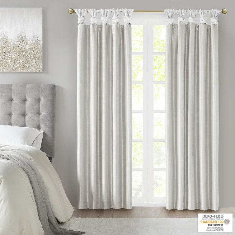 White Faux Silk Tab Top Blackout Curtain Panel