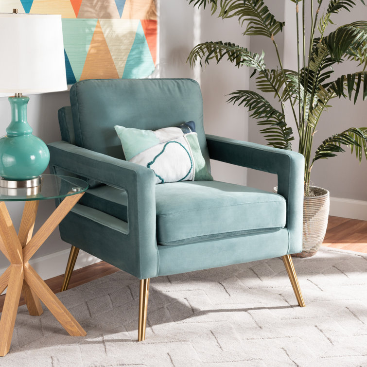 Elysian Light Blue Velvet and Gold Wood Accent Chair