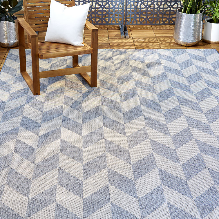 Blue and Grey Herringbone Indoor/Outdoor Rectangular Rug 6' x 9'