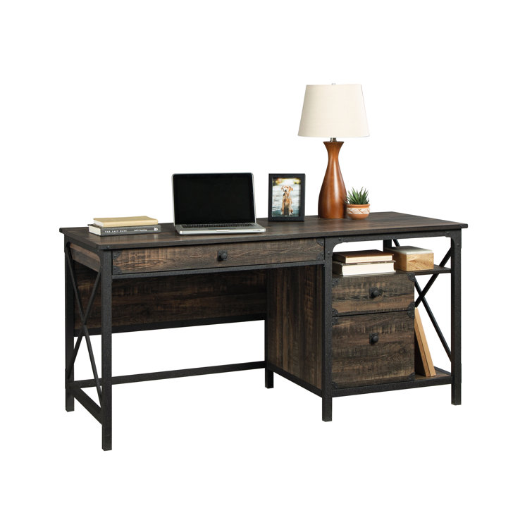 Brown Wood Computer Desk with Drawer and Filing Cabinet
