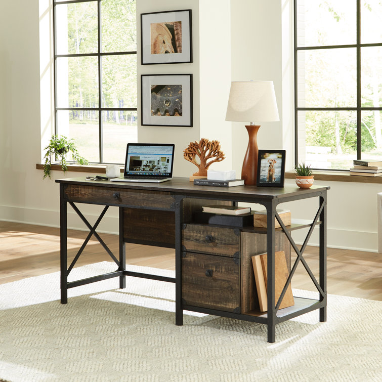 Brown Wood Computer Desk with Drawer and Filing Cabinet