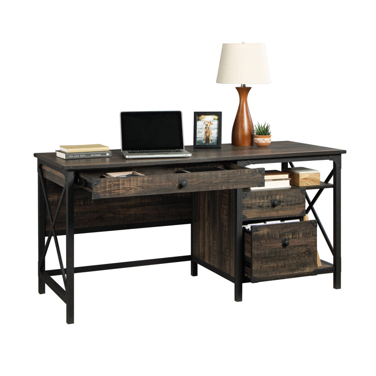 Brown Wood Computer Desk with Drawer and Filing Cabinet