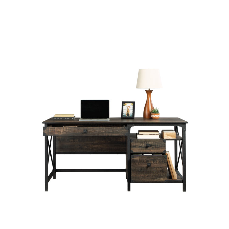 Brown Wood Computer Desk with Drawer and Filing Cabinet