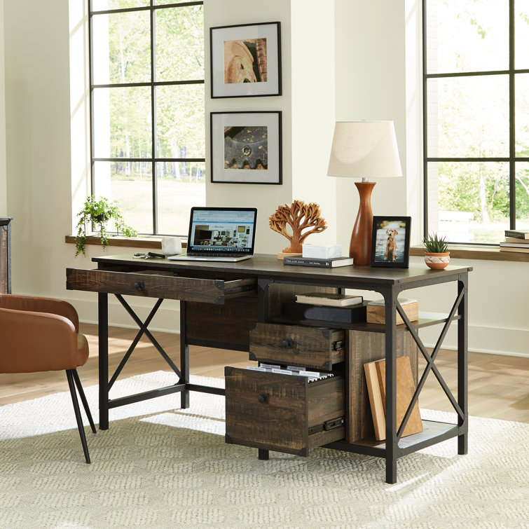 Brown Wood Computer Desk with Drawer and Filing Cabinet