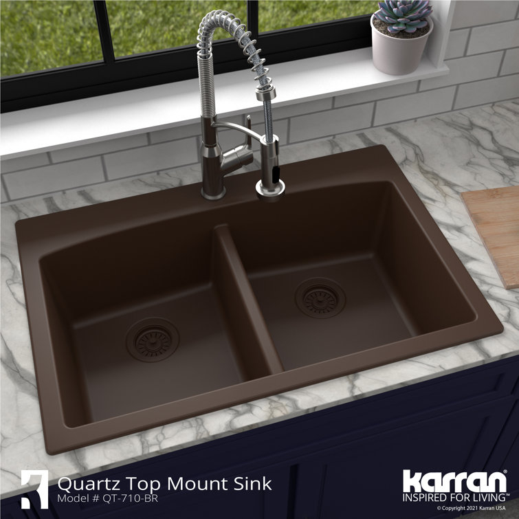 Brown Quartz Double Bowl Kitchen Sink with Curved Rear Walls