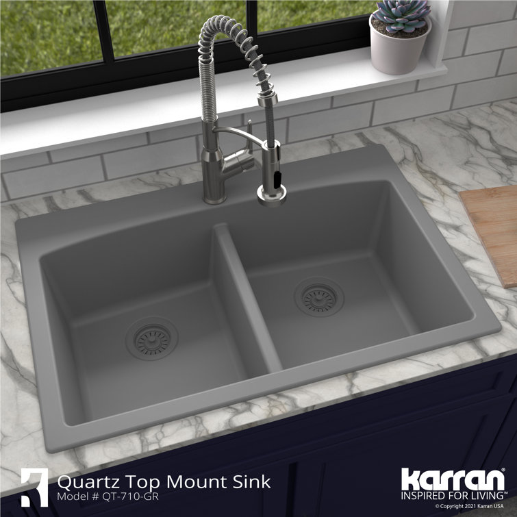 Gray Quartz 33'' Double Bowl Farmhouse Kitchen Sink Kit