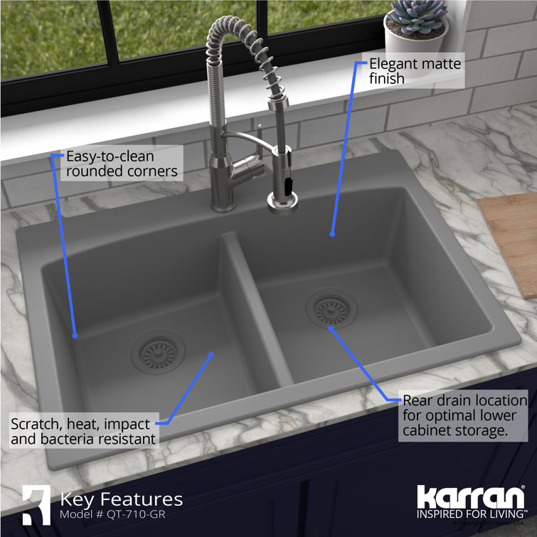 Gray Quartz 33'' Double Bowl Farmhouse Kitchen Sink Kit